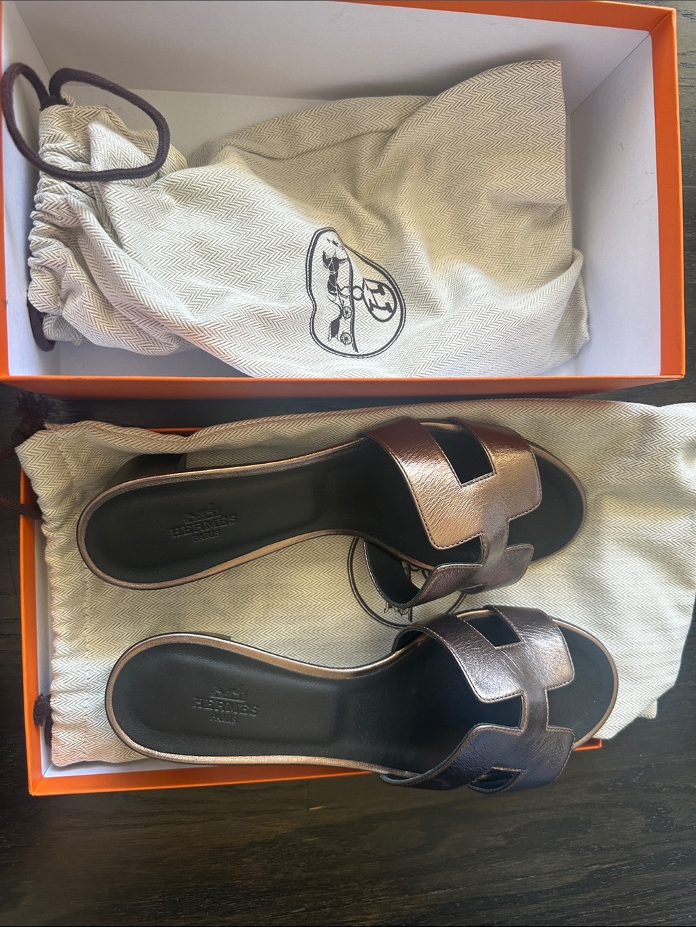 Hermès Metallic Bronze and Black Oran Slide Sandals